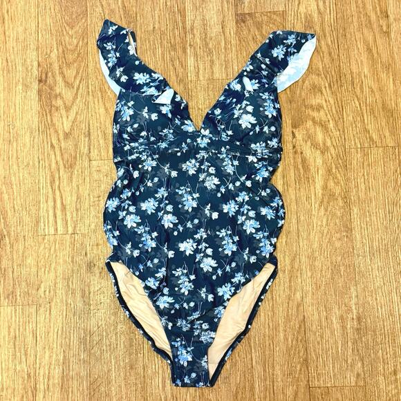 A Pea in the Pod Maternity Blue Floral Ruffle One-Piece Swimsuit Size Small - Picture 3 of 12
